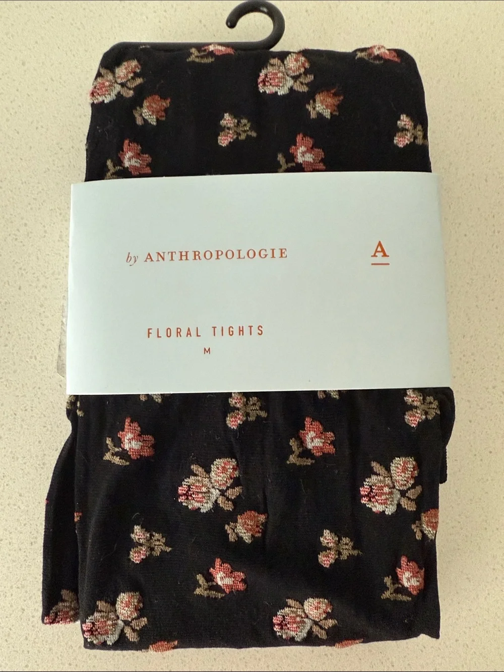 Anthropologie Black Floral Tights with Pink and Cream Blooms